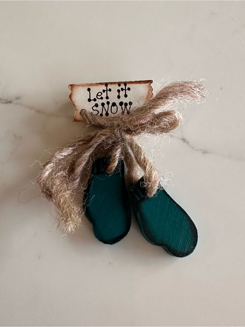 Handcrafted Teal Winter Mittens Brooch with “Let It Snow” Tag